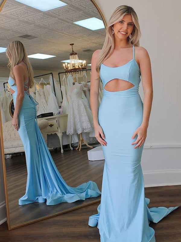 Light Blue Mermaid Long Scoop Neck Satin Long Prom Dress