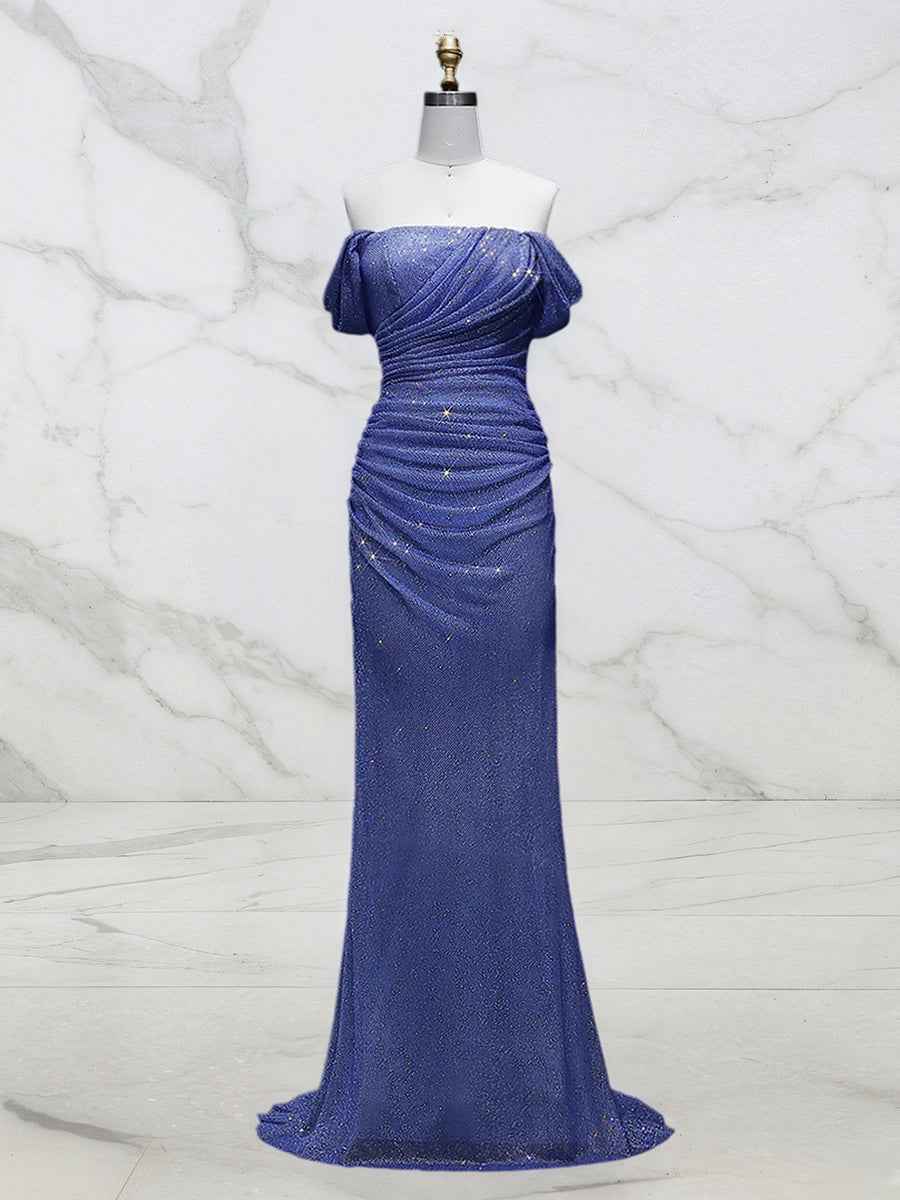 Light Blue Mermaid Off-Shoulder Ruched Long Prom Dress