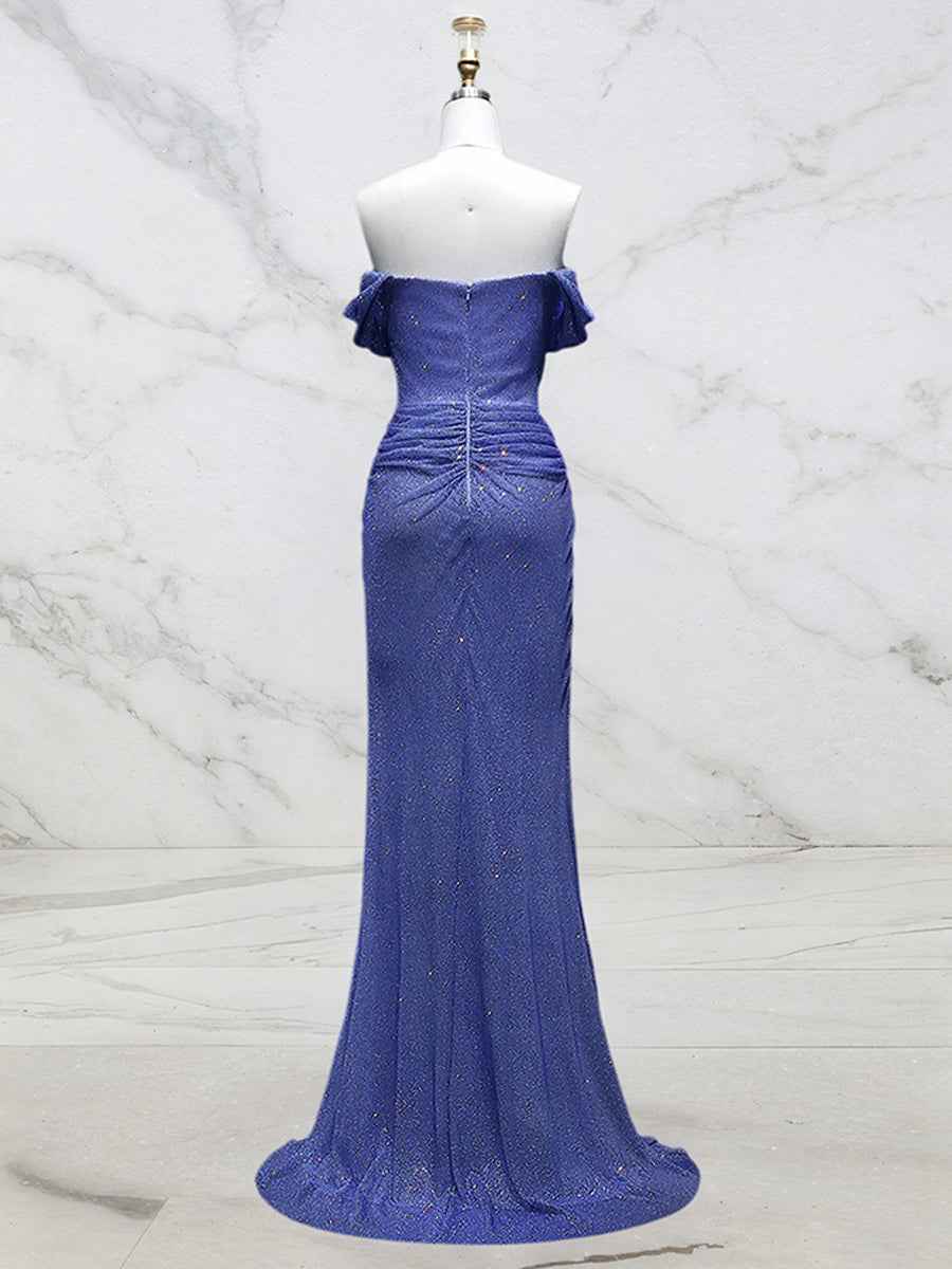 Light Blue Mermaid Off-Shoulder Ruched Long Prom Dress