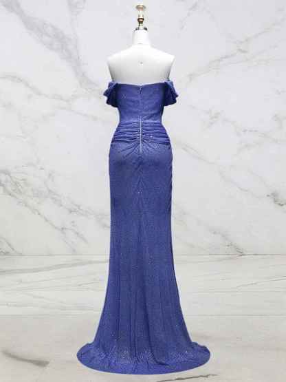 Light Blue Mermaid Off-Shoulder Ruched Long Prom Dress