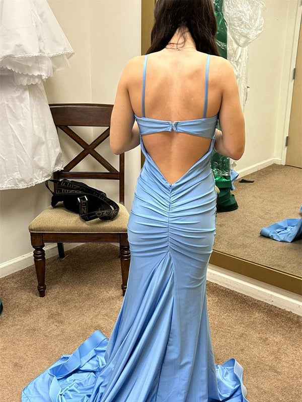 Light Blue Mermaid Spaghetti Strap Long Prom Dress with Slit
