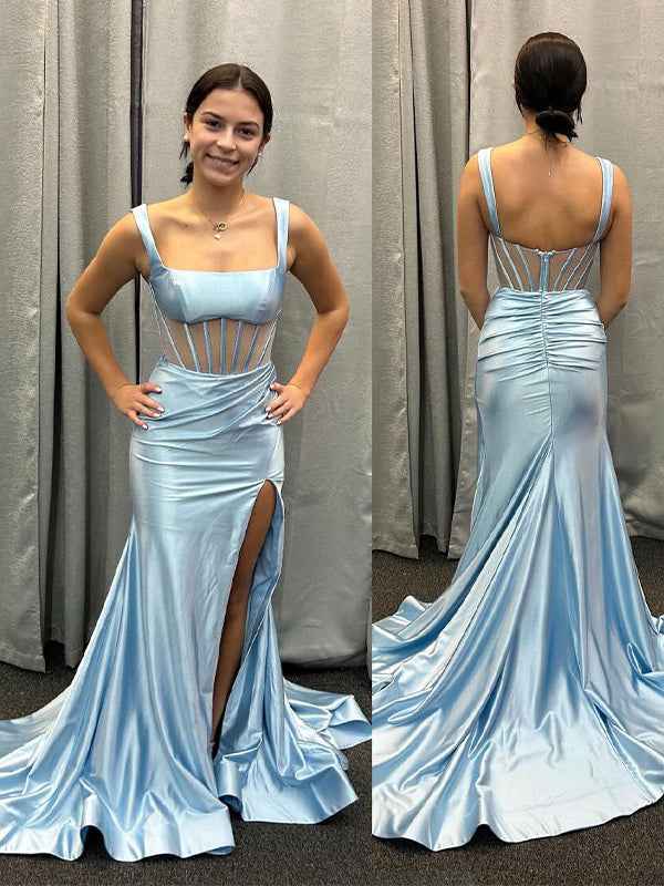 Pink Mermaid Square Neck Satin Pleated Long Prom Dress with Slit