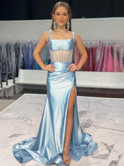 Pink Mermaid Square Neck Satin Pleated Long Prom Dress with Slit