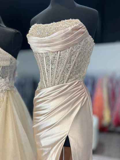 Light Blue Mermaid Strapless Applique Sweep Train Prom Dress with Slit