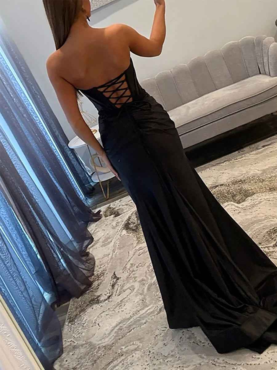 Light Blue Satin Lace Applique Corset Prom Dress with Slit