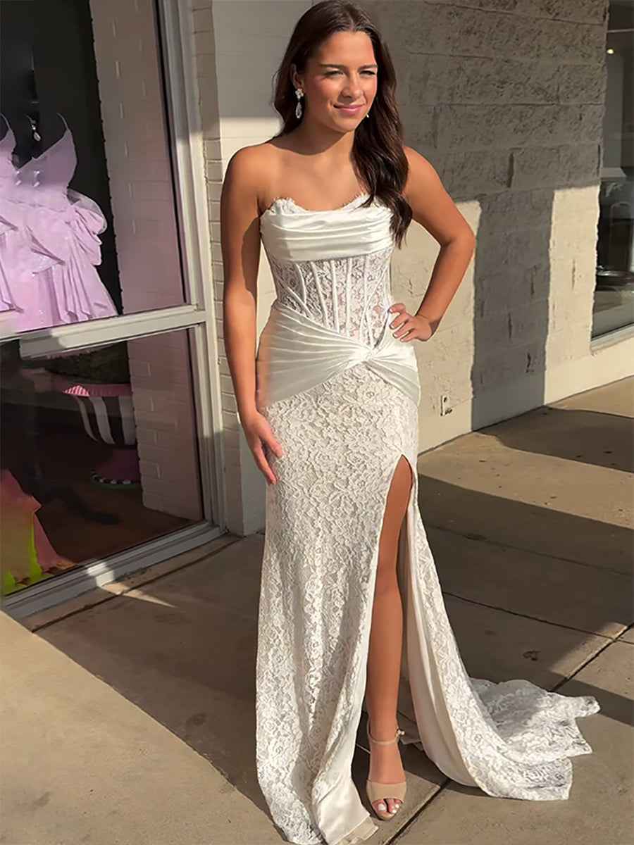 Light Blue Satin Lace Floral Corset Mermaid Long Prom Dress