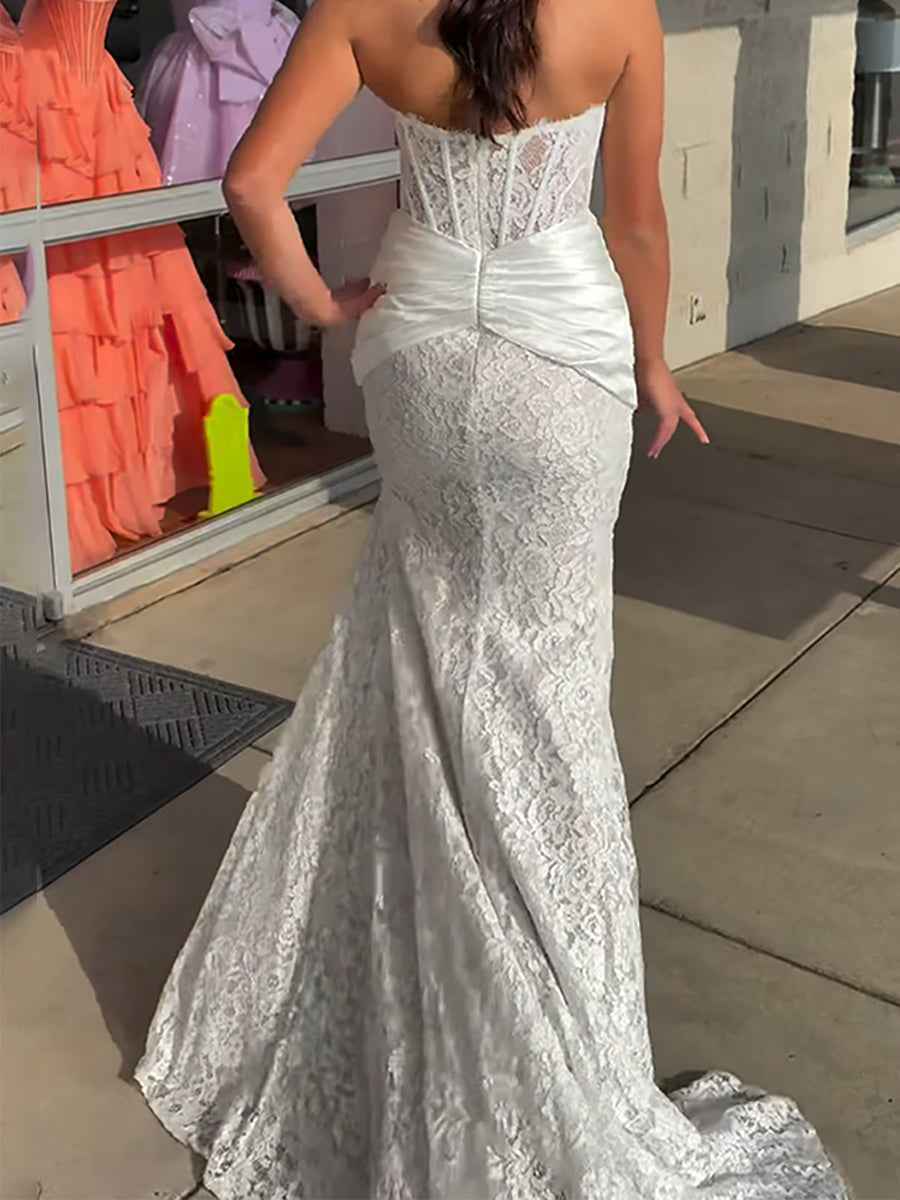 Light Blue Satin Lace Floral Corset Mermaid Long Prom Dress