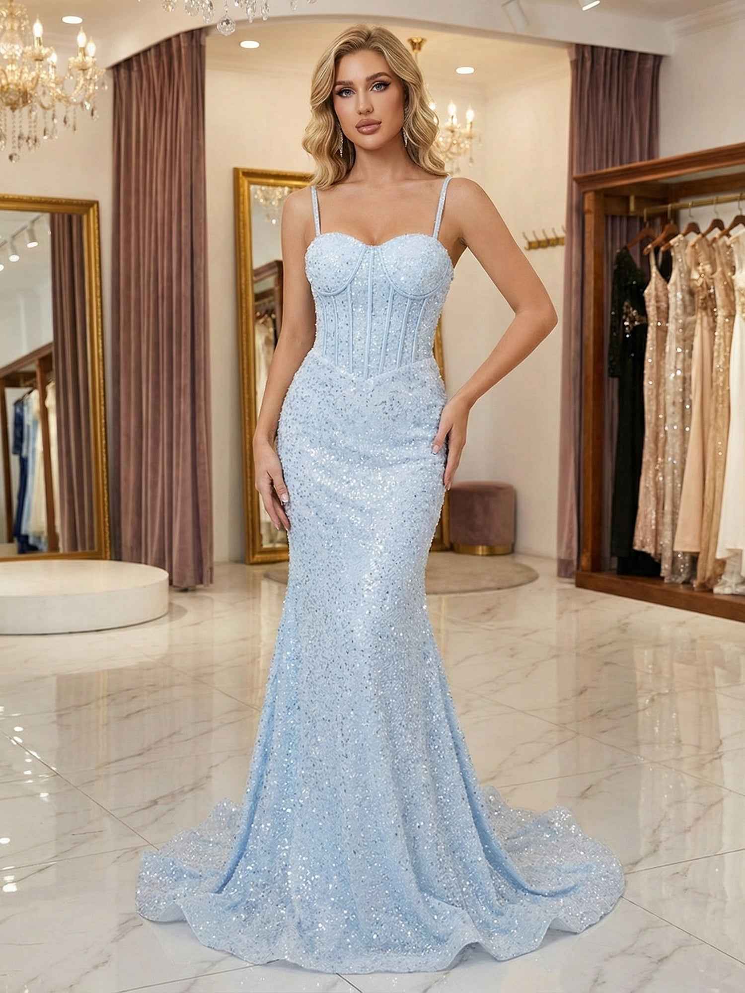 Light Blue Spaghetti Straps Mermaid Long Prom Dress with Beading