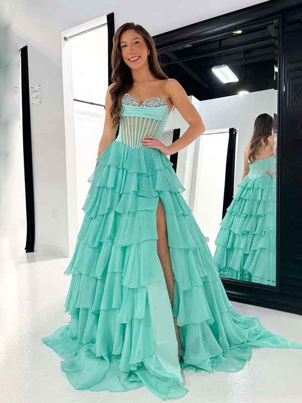 Turquoise A-Line Sweetheart Strapless Empire Tiered Beaded Chiffon Prom Dress