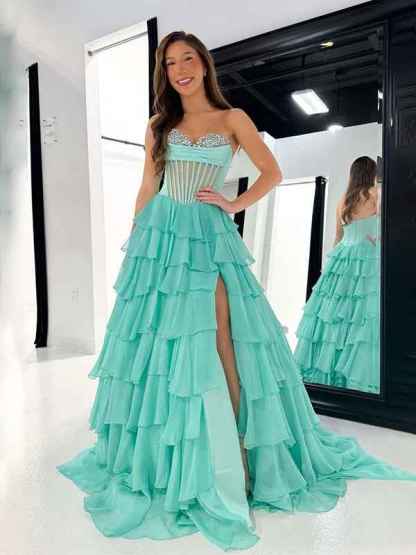 Turquoise A-Line Sweetheart Strapless Empire Tiered Beaded Chiffon Prom Dress
