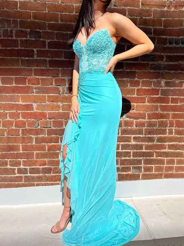 Turquoise Mermaid Strapless Empire Appliques Ruffled Party Prom Dress
