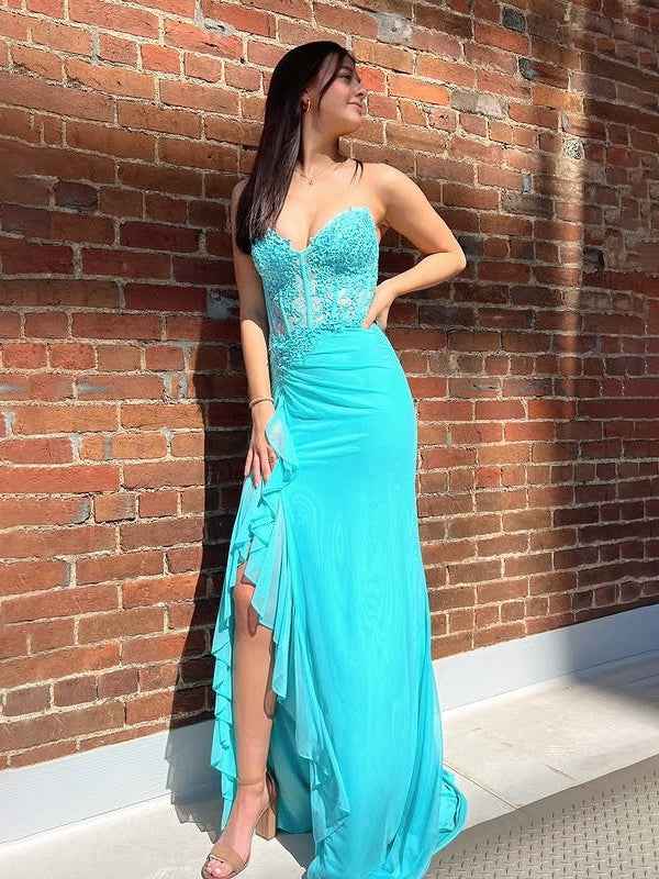 Turquoise Mermaid Strapless Empire Appliques Ruffled Party Prom Dress