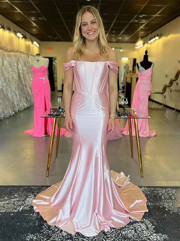 Light Pink Mermaid Off The Shoulder Corset Satin Long Prom Dress