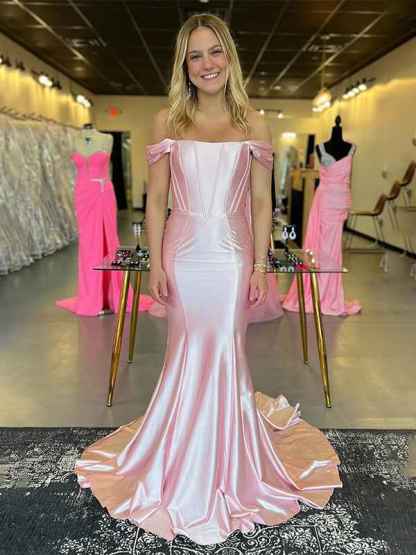 Light Pink Mermaid Off The Shoulder Corset Satin Long Prom Dress