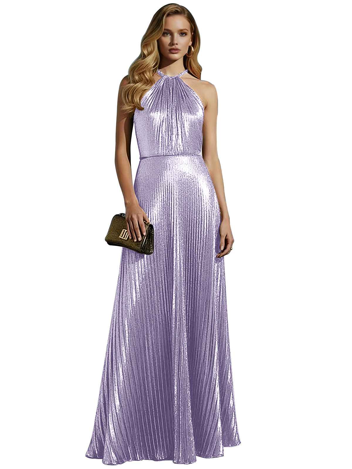 Luxurious Champagne-Gold Pleated Halter Long Prom Dress