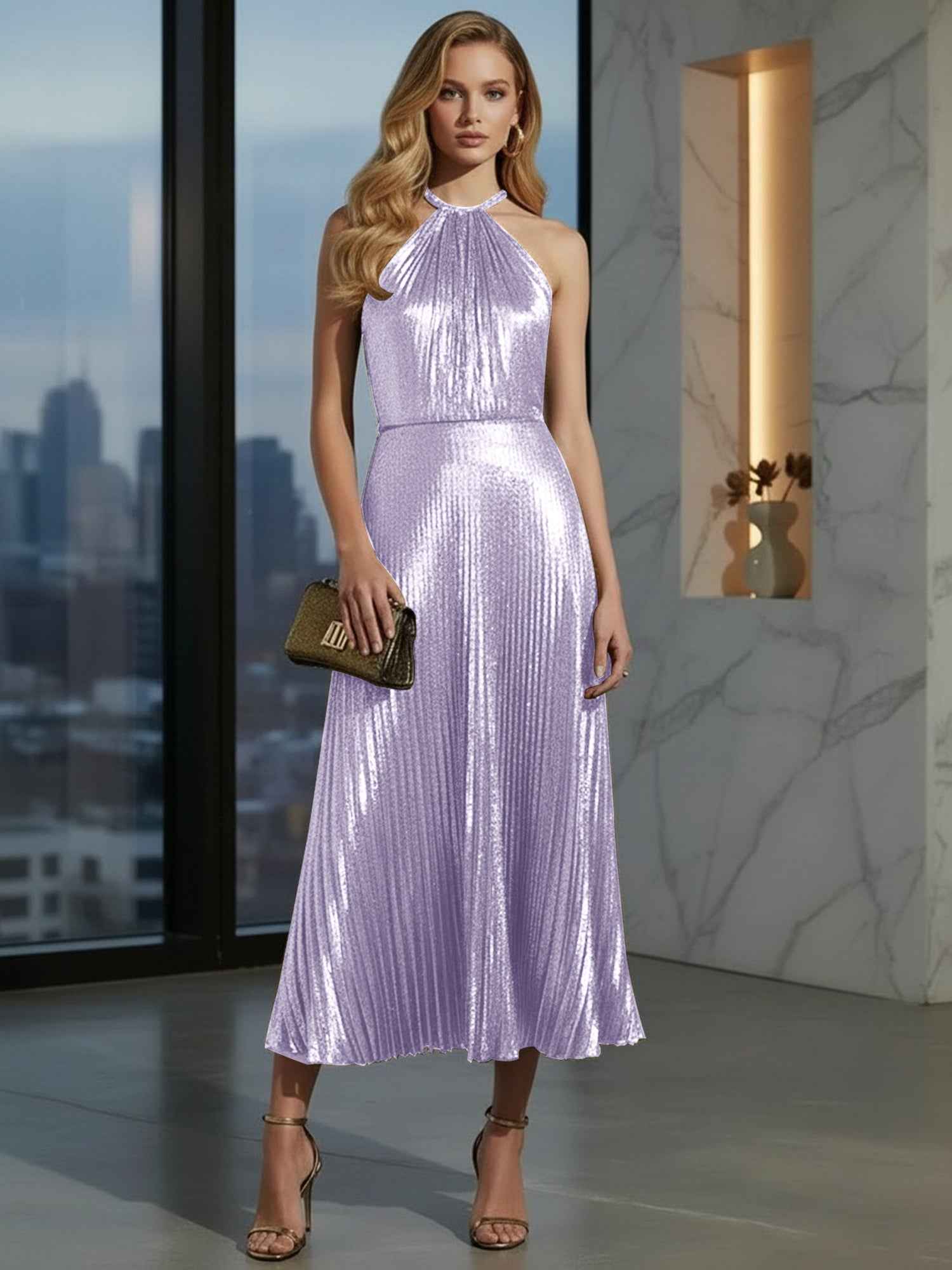 Luxurious Champagne-Gold Pleated Halter Midi Prom Dress