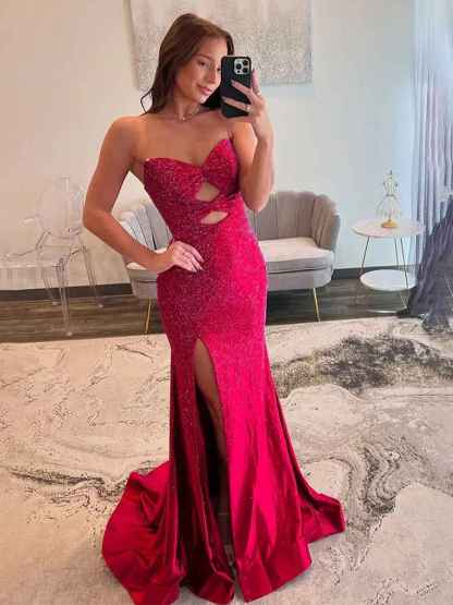 Light Yellow Mermaid Strapless Keyholes Prom Dress with Beads