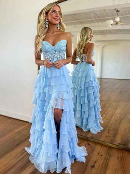 Light Blue A-Line Sweetheart Long Tiered Prom Dress with Slit