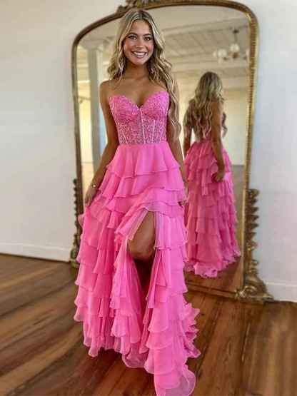 Light Blue A-Line Sweetheart Long Tiered Prom Dress with Slit