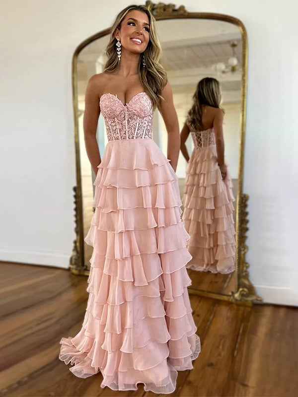 Light Blue A-Line Sweetheart Long Tiered Prom Dress with Slit