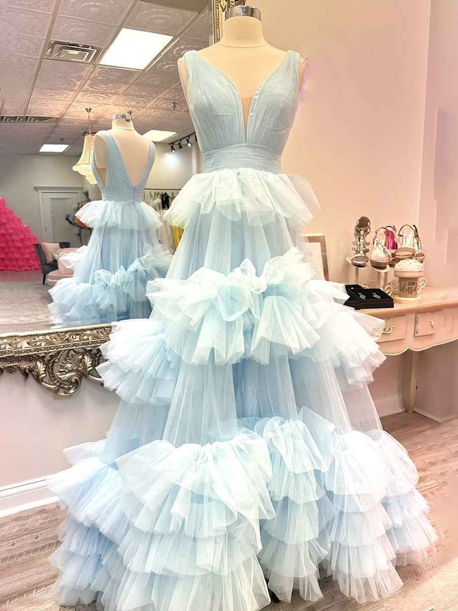 Light Blue A Line Tiered Ruffle Tulle Long Prom Dress