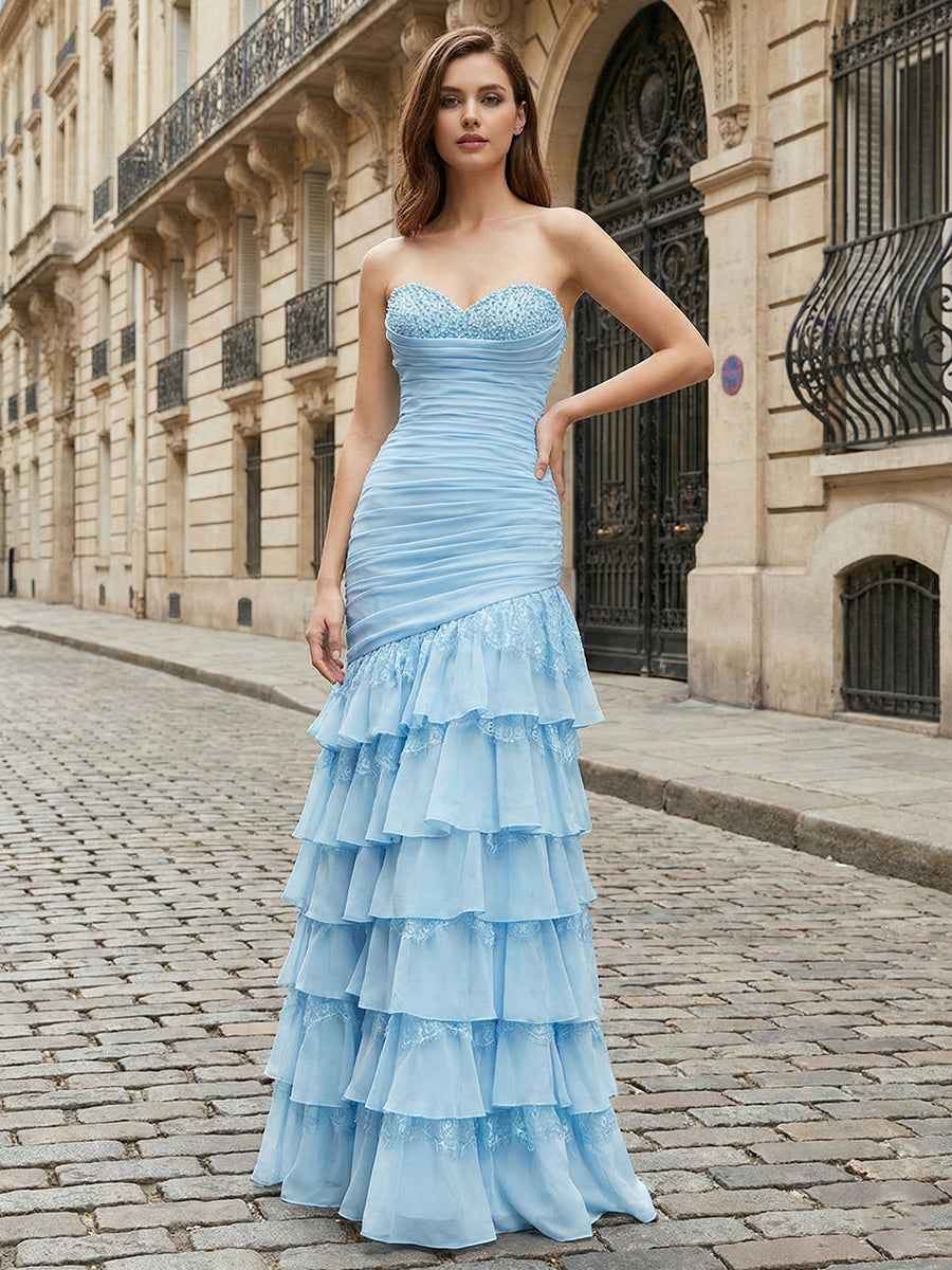 Light Blue Beaded Strapless Drop-Waist Tiered Prom Dress with Slit