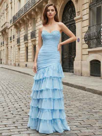 Light Blue Beaded Strapless Drop-Waist Tiered Prom Dress with Slit