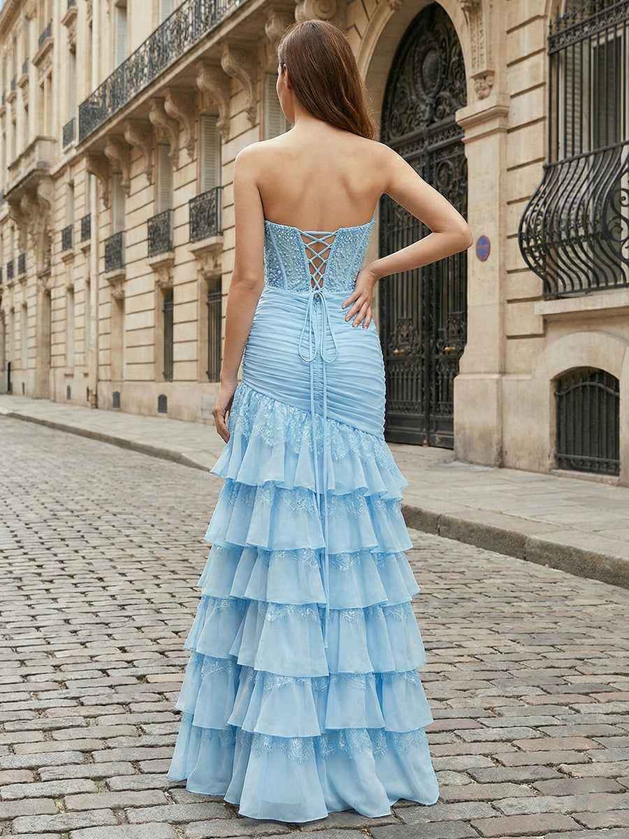 Light Blue Beaded Strapless Drop-Waist Tiered Prom Dress with Slit