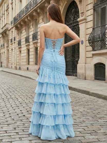 Light Blue Beaded Strapless Drop-Waist Tiered Prom Dress with Slit