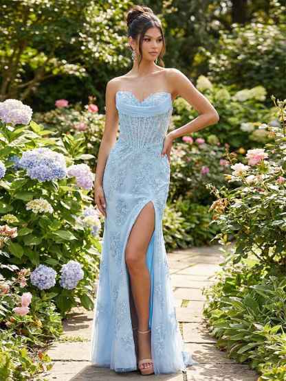 Light Blue Corset-Bodice Lace Prom Dress  with Thigh-High Slit