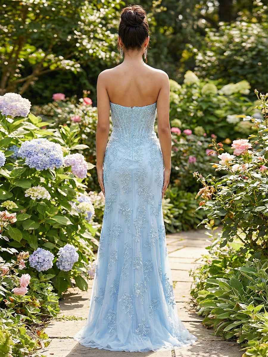 Light Blue Corset-Bodice Lace Prom Dress  with Thigh-High Slit