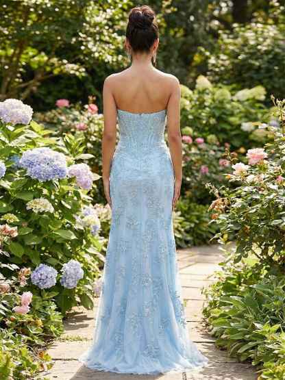 Light Blue Corset-Bodice Lace Prom Dress  with Thigh-High Slit