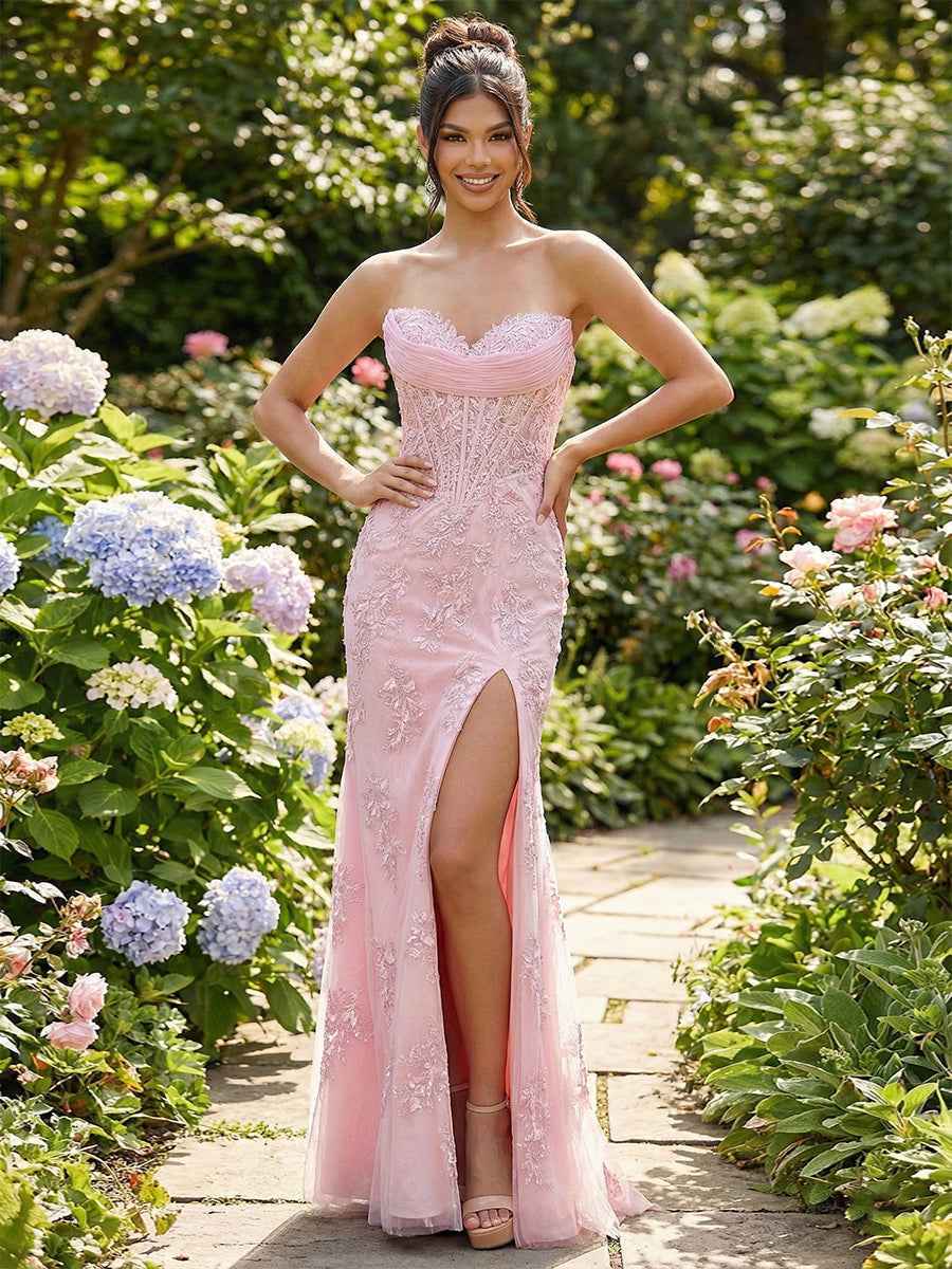 Light Blue Corset-Bodice Lace Prom Dress  with Thigh-High Slit