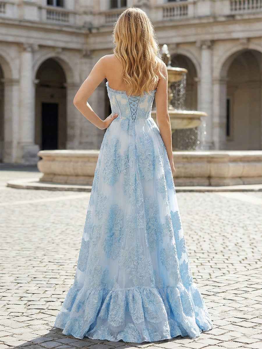 Light Blue Floral Applique| Corset A-Line Prom Dress with Slit