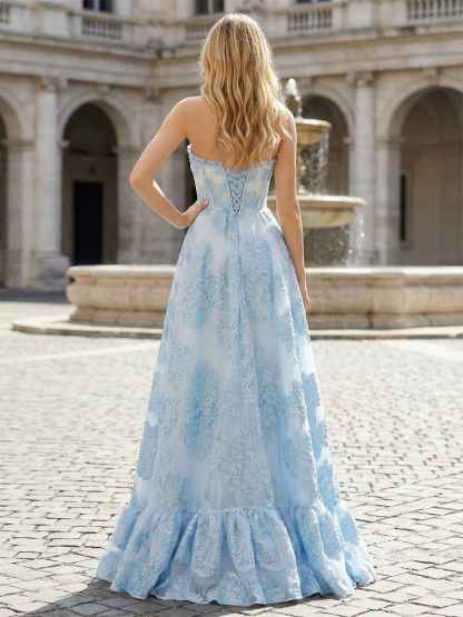 Light Blue Floral Applique| Corset A-Line Prom Dress with Slit