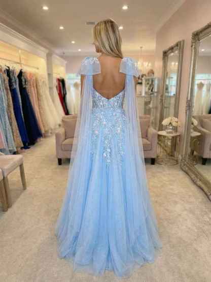 Glitter Light Blue Floral Embroidery Tulle Prom Dress with Shoulder Capes