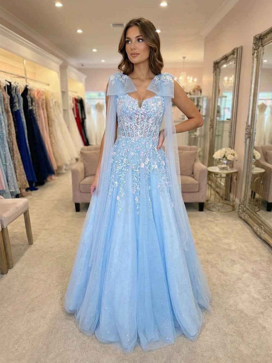 Glitter Light Blue Floral Embroidery Tulle Prom Dress with Shoulder Capes