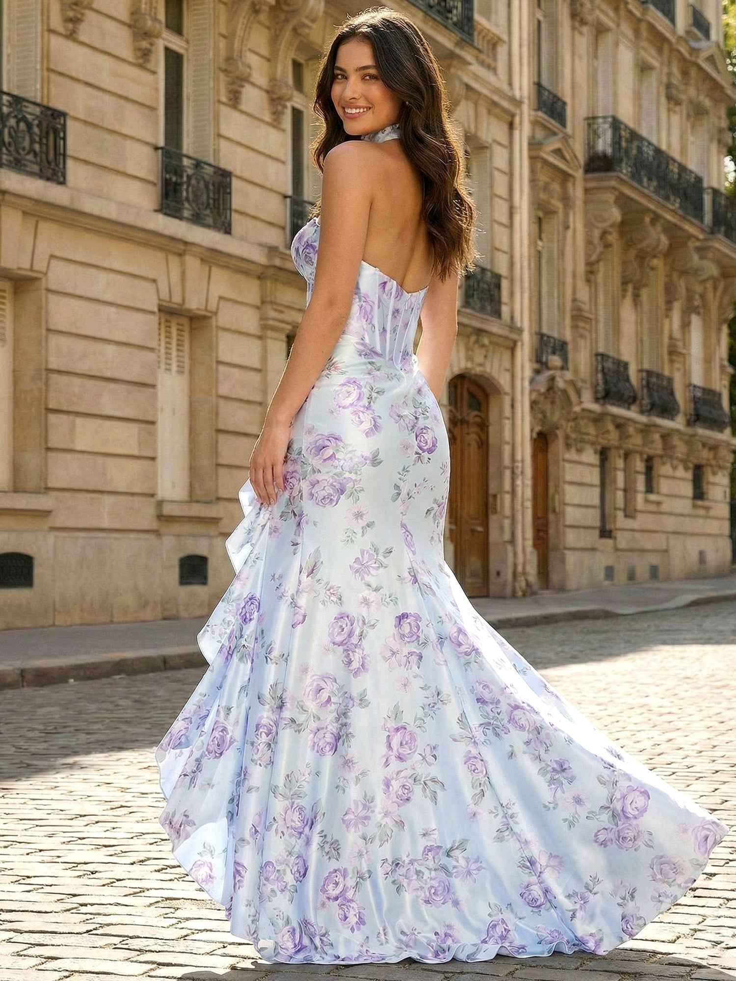 Light Blue Floral Print Sweetheart Satin High-Low Corset Prom Dress