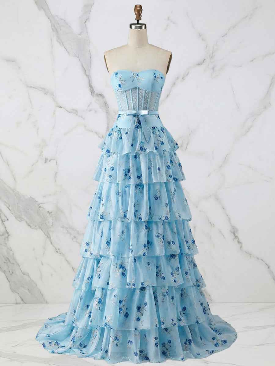 Light Blue Floral Strapless Tiered Corset Prom Dress