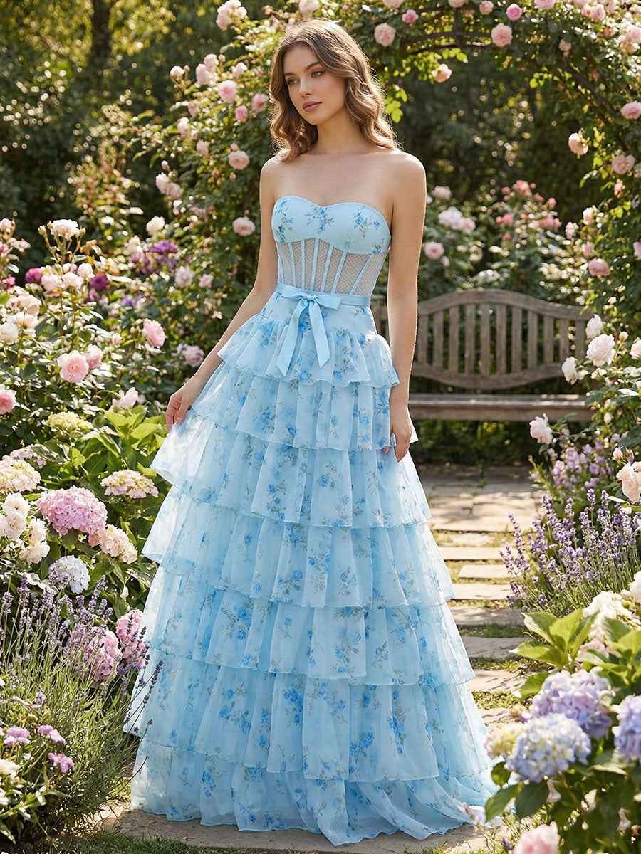 Light Blue Floral Strapless Tiered Corset Prom Dress