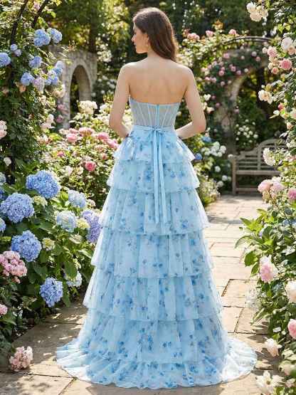 Light Blue Floral Strapless Tiered Corset Prom Dress