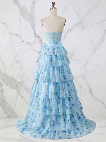 Light Blue Floral Strapless Tiered Corset Prom Dress