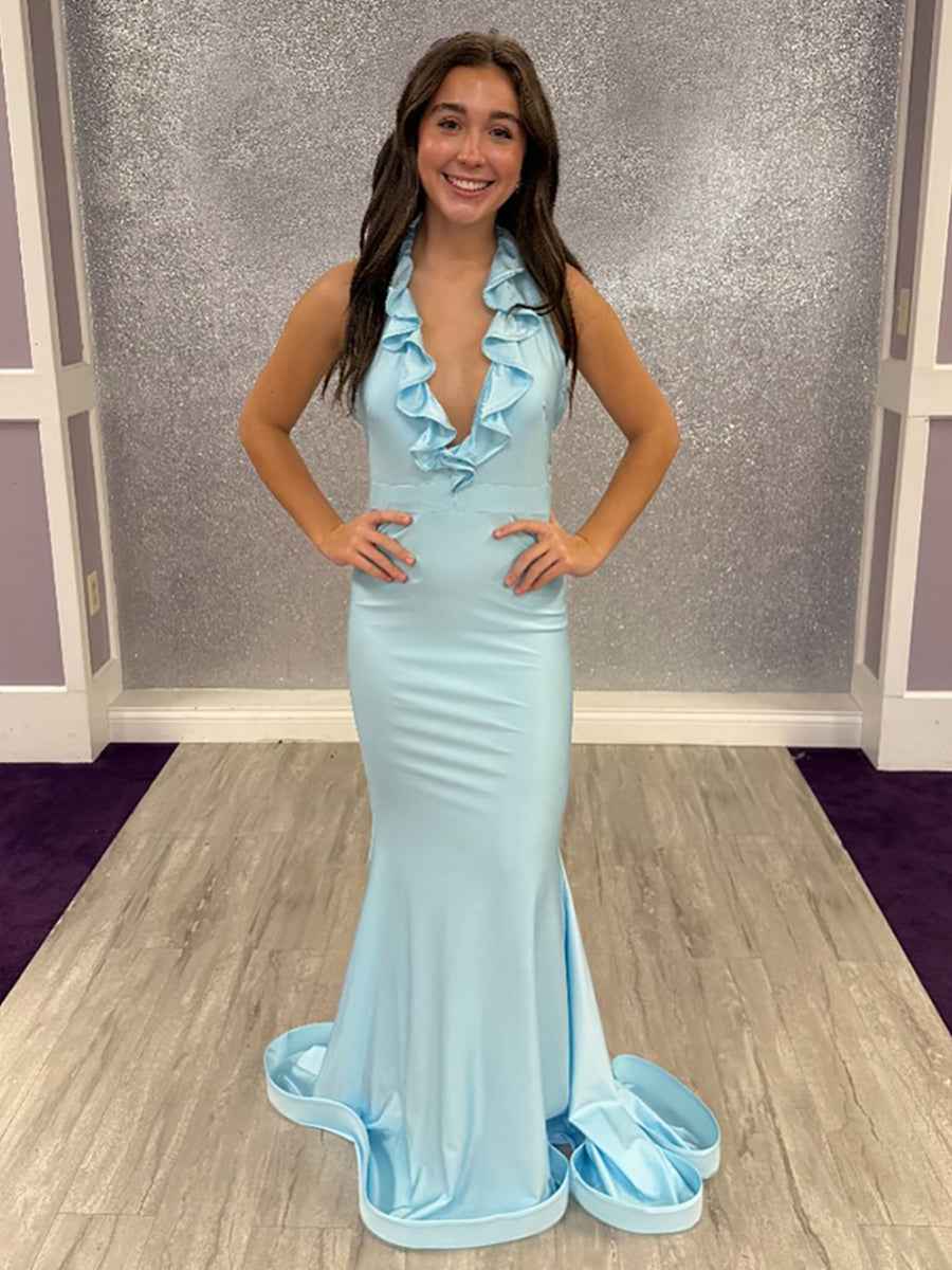 Light Blue Halter Mermaid Prom Dress with Ruffled Plunging V-Neck