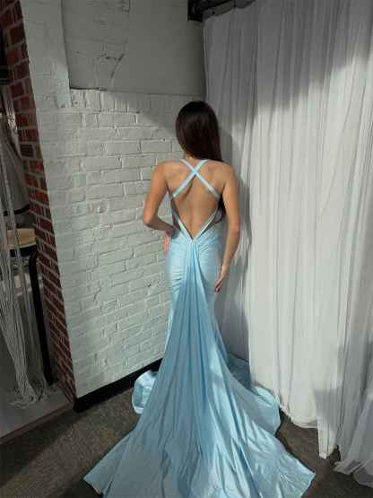 Light Blue Halter V-Neck Mermaid Prom Dress with Sweep Train