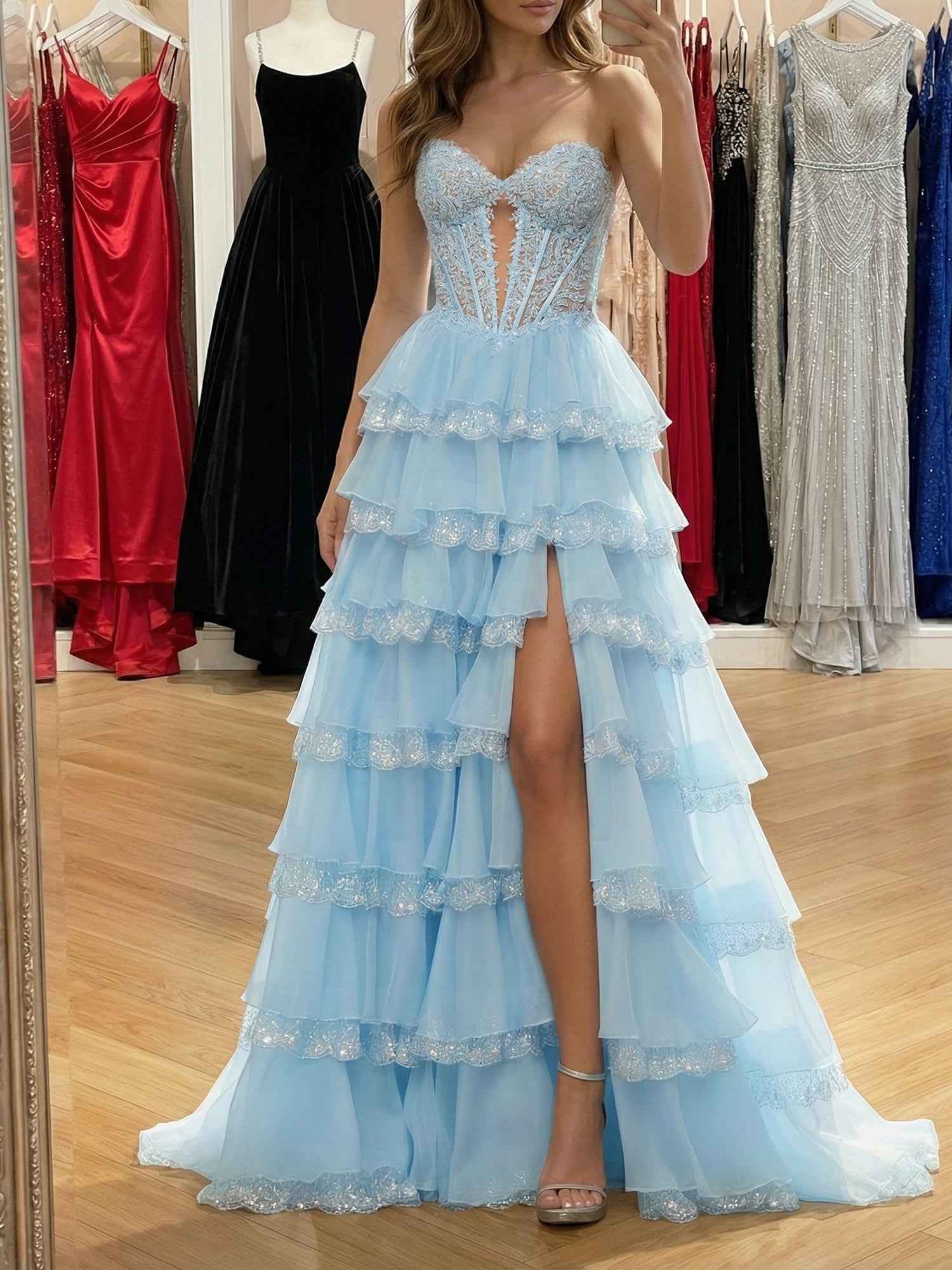 Light Blue Lace Corset Tiered Prom Dress with Sparkle Trim