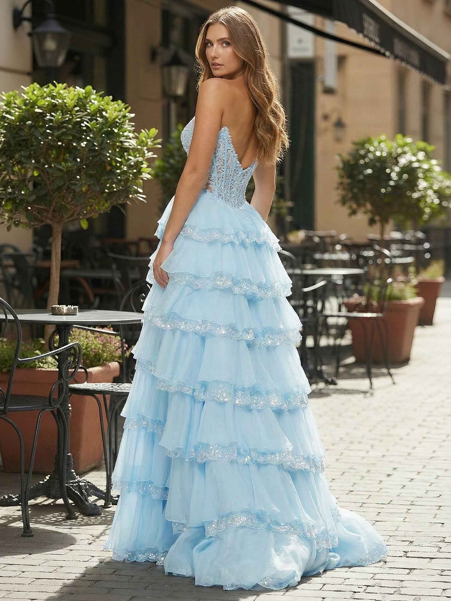 Light Blue Lace Corset Tiered Prom Dress with Sparkle Trim