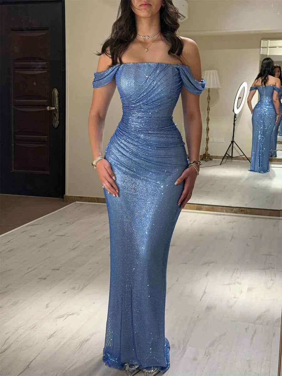Light Blue Mermaid Off-Shoulder Ruched Long Prom Dress