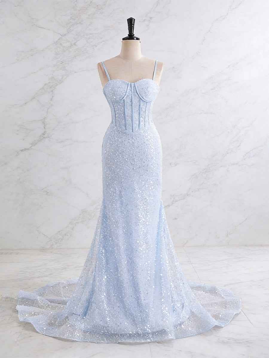 Light Blue Spaghetti Straps Mermaid Long Prom Dress with Beading