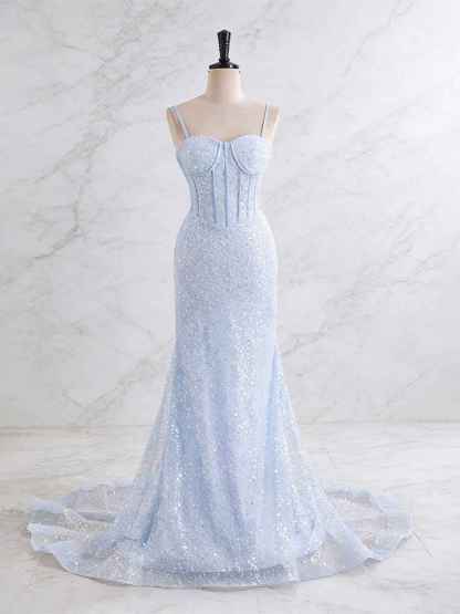 Light Blue Spaghetti Straps Mermaid Long Prom Dress with Beading