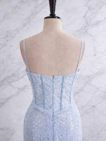 Light Blue Spaghetti Straps Mermaid Long Prom Dress with Beading